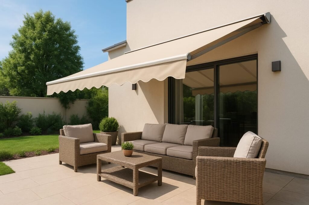 مظلة متحركة حديثة في حديقة منزلية بجدة.